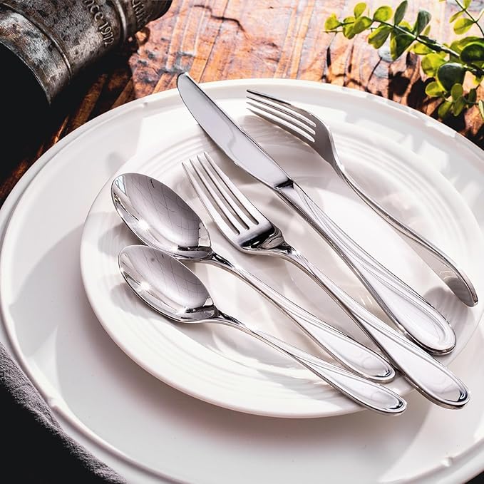 HIKAA Wave Design Silverware Set Service for 6, 30-Piece Artistic Stainless Steel Flatware Set with Fibonacci Pattern, Heavy Duty Mirror Polished Cutlery Set-Ruum Studio Home