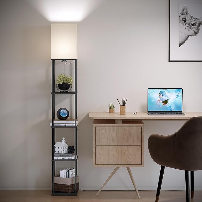 SUNMORY 5 Tier Floor Lamp with Shelves, Modern Square Standing Lamp with 3 Color Temperature Bulb, Corner Display Bookshelf Lamp for Living Room and Bedroom, Tall Shelf Floor Lamp-Ruum Studio Home