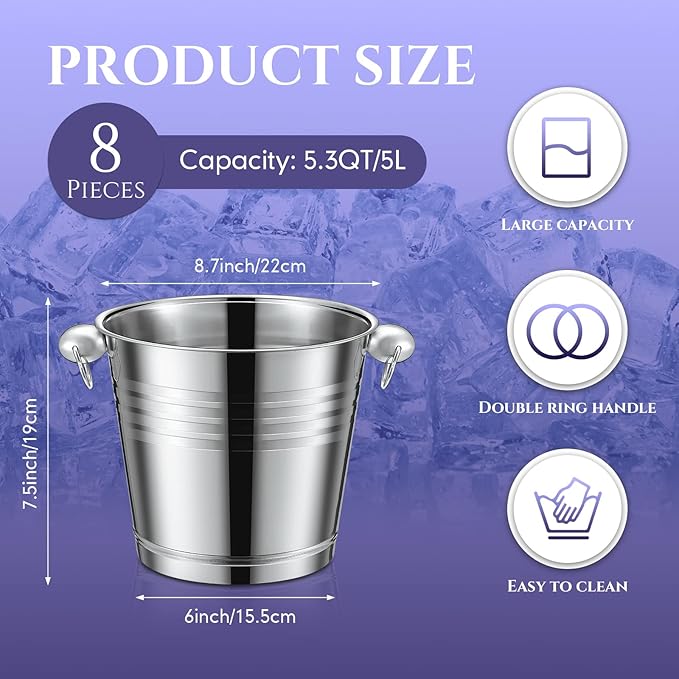 Amyhill 8 Pack Stainless Steel Ice Bucket 5.3 Quart/ 5 Liter with Handle Large Insulated Champagne Buckets Beer Bucket for Cocktail Bar Wine Parties Chilling Wine Champagne Home(Silver)-Ruum Studio Home