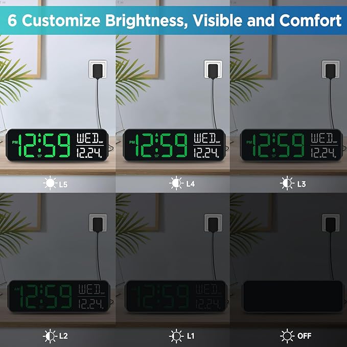 Peakeep Large Display Digital Alarm Clock for Bedrooms, Date Day of Week Desk Table Clocks for Living Room Office, Dimmable Plug in Electric Clock, 5 Volumes, Loud, Auto DST-Ruum Studio Home