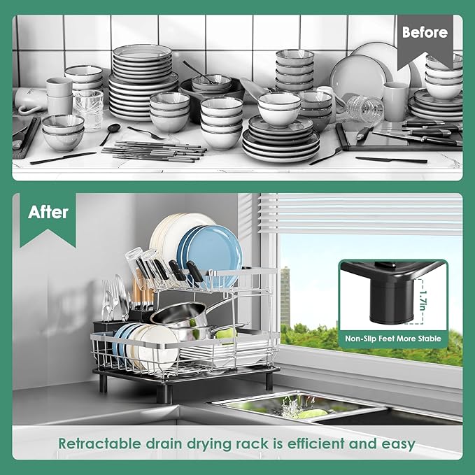 MOUKABAL Dish Drying Rack - 2 Tier Stainless Steel Dish Rack, Dish Racks for Kitchen Counter, Drying Rack Kitchen with Removable Utensil Holder and Drainboard (Black)-Ruum Studio Home