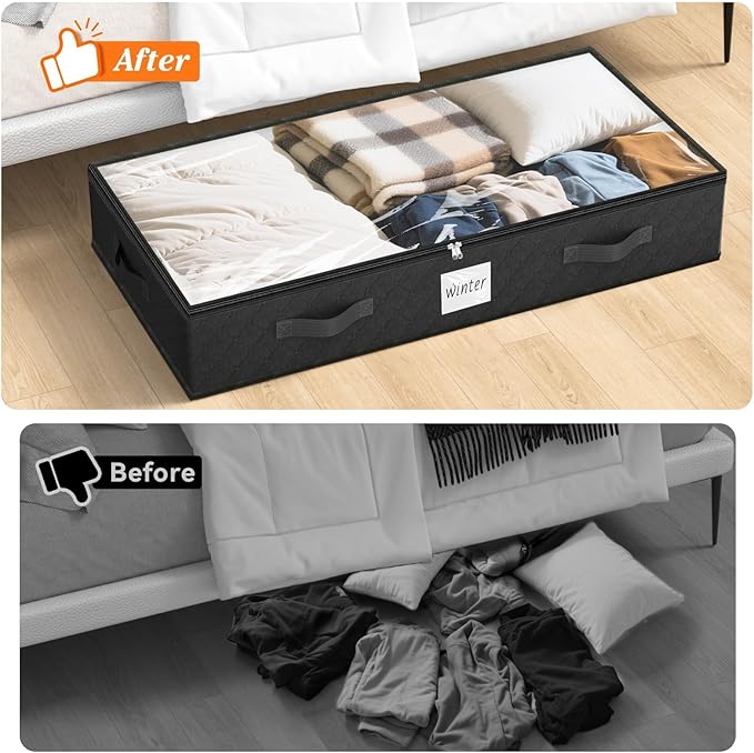 SpaceWhisper 90L Under Bed Storage Containers, 4-Pack Storage Bins with Clear Top, Foldable Closet Organizers and Storage with Label Holder for Clothing, Blankets, Comforter & Pillows(Black)-Ruum Studio Home