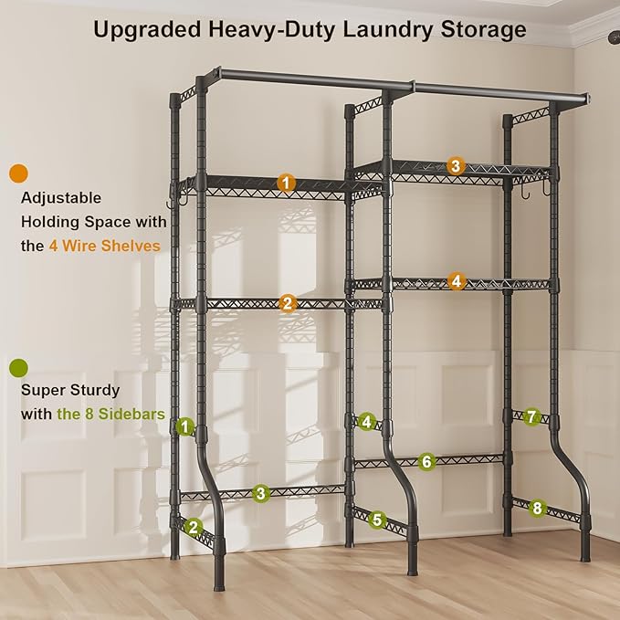 U14 Over Washer and Dryer Storage Shelves, 4 Tiers Laundry Room Storage and Organizer System, Space Saving Clothes Drying Rack with 2 Clothes Hanger Rods, 66.5" W x 20.5" D x 77.4" H, Black-Ruum Studio Home