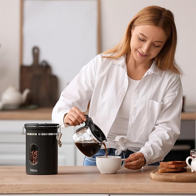 Coffee Canister Set 16 + 22 + 38 oz with Window, Airtight Stainless Steel Kitchen Food Storage Container with Date Tracker and Scoop for Grounds Coffee, Beans, Tea, Flour, Cereal, Sugar, Black-Ruum Studio Home