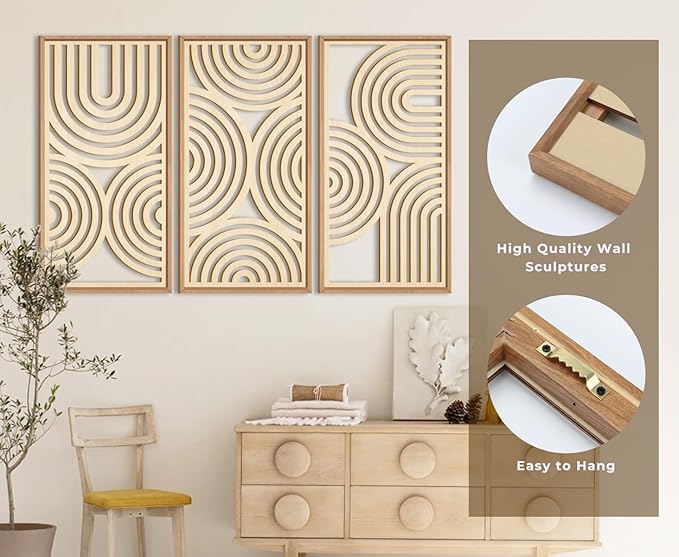 IARTTOP Large Boho Wood Wall Art Set of 3 Framed Wooden Mid-century Modern Wall Decor Minimalist Modern Abstract Geometric Decor for Living Room Bedroom Office-16x32 Inch-Ruum Studio Home