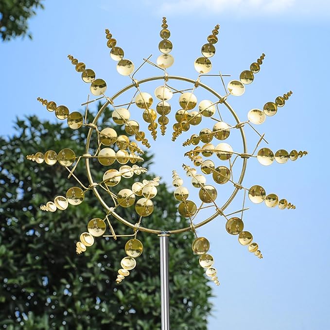 Unique and Magical Metal Windmill, 2Pcs Wind Spinners, 3D Wind Powered Kinetic Sculpture, Stainless Steel Wind Spinners, Wind Mill for Yard and Garden (2PCS-Golden)-Ruum Studio Home