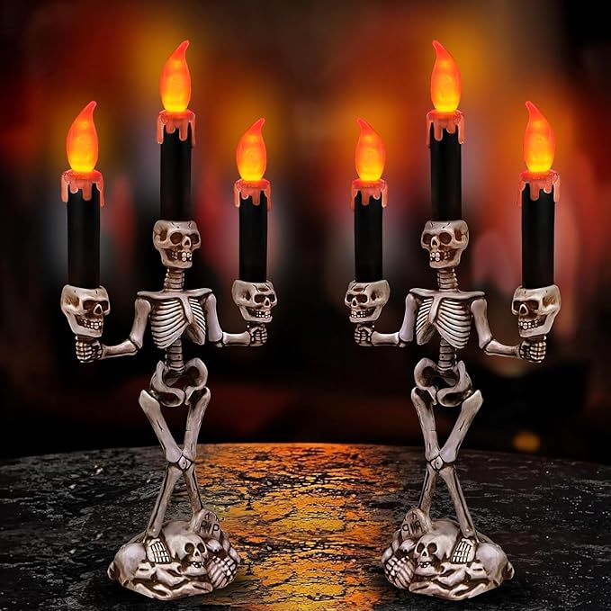 TURNMEON 2 Pack Halloween Candelabra with LED Flame Less Candles Holder Battery Operated Flickering Lights Skull Candles for Halloween Decorations Indoor Home Table Mantel Party Haunted Mansion Decor-Ruum Studio Home