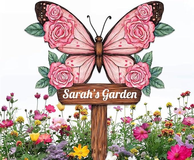Personalized Butterfly Metal Sign with Stake,Custom Gardener Last Name Signs Outdoor Decorate,Customized Garden Accessories Decor for Mother's Day,Rose Flowers Plaques for Patio Lawn Porch Backyard-Ruum Studio Home