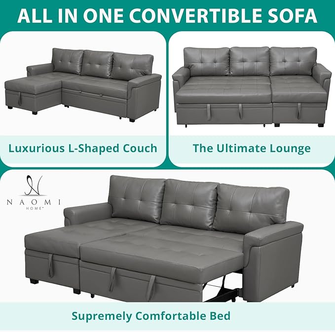 Naomi Home Modern Sectional Sofa with Storage Chaise Gray/Air Leather-Ruum Studio Home