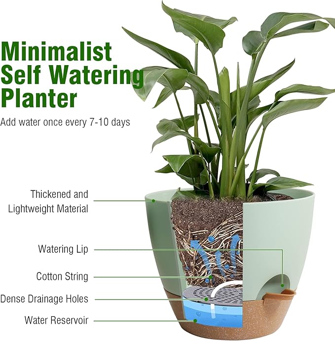 Big Self Watering Pots 12/10/9 inch, Planter, Plant Pots with Mesh Drainage Holes for Indoor Outdoor Garden Plants, Plastic Flower Pots with Removable Deep Reservoir, Green with Brown-Ruum Studio Home