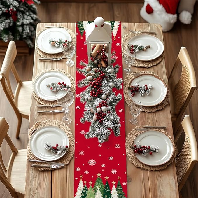 GEEORY Christmas Table Runner 13x108 Inch, Xmas Trees Snowflakes Holiday Decorative Farmhouse Table Decoration for Kitchen Dinning, Indoor Outdoor Dinner Party Decor (Red) GT150-108-Ruum Studio Home