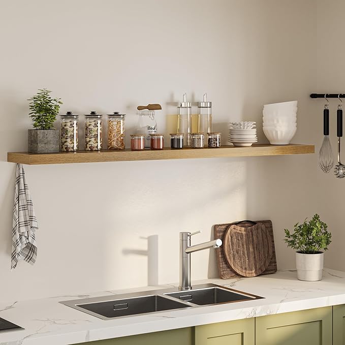Floating Shelves for Wall, 72"W x 9.3"D x 1.5"H, Long Wooden Wall Mounted Display Shelves with Invisible Brackets for Living Room, Bedroom, Bathroom, Kitchen Decor and Storage, Set of 1, Oak-Ruum Studio Home