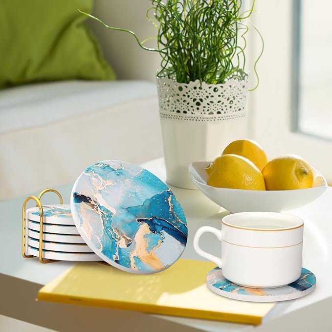6 Pcs Light Blue Marble Abstract Ceramic Coasters with Holder Best Round Drink Absorbent Coasters for Desk, Lounge, Coffee, Wine, Beverage, Dining Table Decor, Bar Coaster Set-Ruum Studio Home