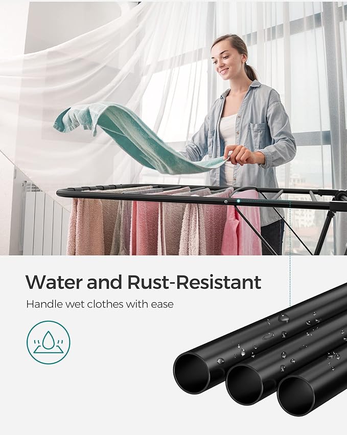 SONGMICS Clothes Drying Rack, with Sock Clips, Metal Laundry Rack, Foldable, Space-Saving, Free-Standing Airer, with 2 Height-Adjustable Gullwings, Indoor Outdoor Use, Black ULLR052B01-Ruum Studio Home