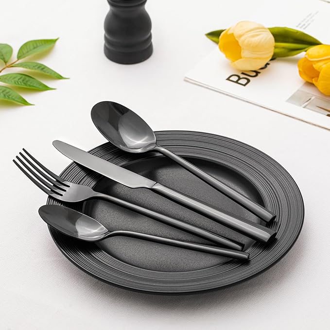 KINGSTONE Black Silverware Set, 40-Piece Forged Flatware Set Cutlery Set Premium Stainless Steel, Service for 8, for Kitchen, Home, Wedding, Party, Mirror Polished and Dishwasher Safe-Ruum Studio Home