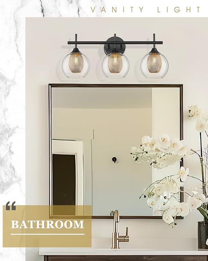 Bathroom Light Fixtures, 3-Light Black and Gold Vanity Lights Over Mirror, Farmhouse Wall Sconce Lighting with Clear Glass and Honeycomb Metal Shade, AD-22001-3W-BK-Ruum Studio Home