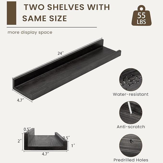 Floating Shelves for Wall, Picture Ledge Shelf 24 Inch Solid Wood Set of 2, Rustic Wall Shelves with Lip, Kids Bookshelf, Photo & Picture Live Edge Floating Shelves for Bedroom, Living Room, Kitchen-Ruum Studio Home