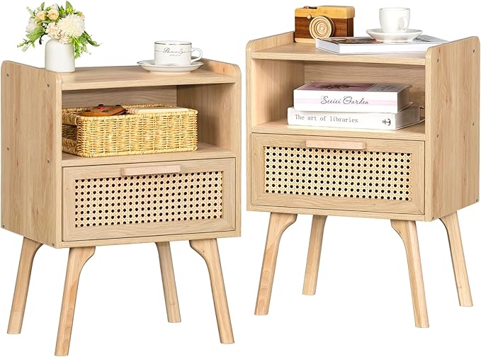 Lerliuo Rattan Nightstands Set of 2, Boho Side Table with Drawer Open Shelf, Cane Accent Bedside End Table with Solid Wood Legs for Bedroom, Dorm and Small Spaces (Natural)-Ruum Studio Home