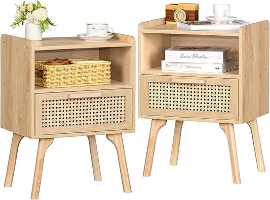 Lerliuo Rattan Nightstands Set of 2, Boho Side Table with Drawer Open Shelf, Cane Accent Bedside End Table with Solid Wood Legs for Bedroom, Dorm and Small Spaces (Natural)-Ruum Studio Home
