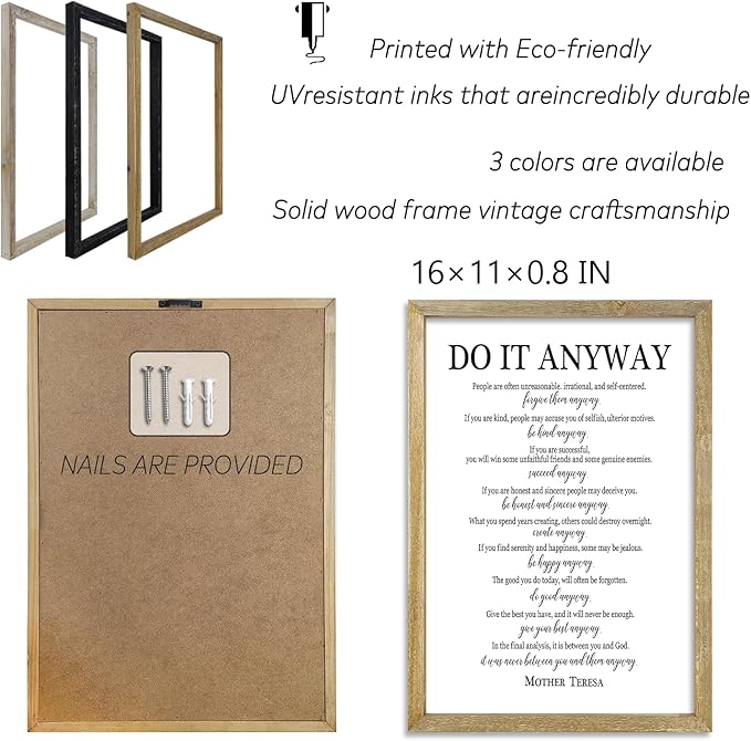 Do It Anyway Mother Teresa Wall Art Decor 16x11 Inch Wooden Framed Wall Hanging Sign (Wood)-Ruum Studio Home