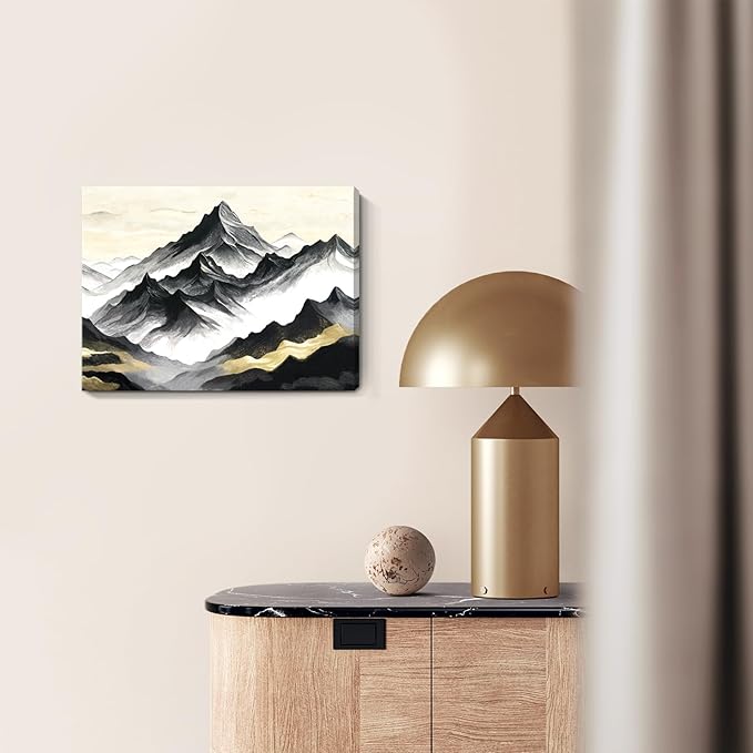 amatop Black and White Mountain Wall Art – Minimalist Modern Landscape Canvas Print Nature Scene Picture Bathroom Bedroom Office Wall Decor, Small Tranquil Misty Hills Zen Artwork for men, 16x12 Inch-Ruum Studio Home