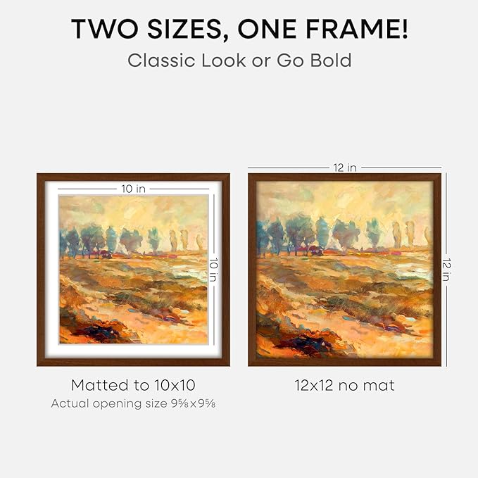 Homeforia 12x12 Frame Brown Wood, High End Dark Oak 12 x 12 Square Picture Frame with Mat 10 x 10 for Photo, 12by12 Wooden Walnut Poster Frame Matted to 10x10 Print, Tempered Glass, Wall Kit, Set of 1-Ruum Studio Home