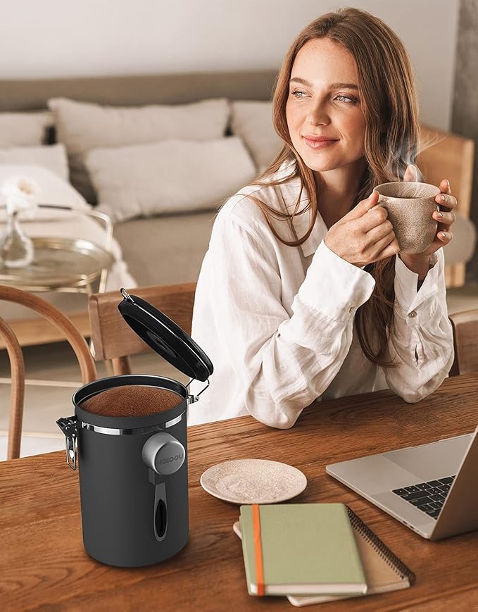 HAIOOU Airtight Coffee Canister, 22OZ +16OZ 2 Piece Stainless Steel Coffee Bean Storage Container with Date Tracker, Measuring Scoop, 6Pcs CO2 Valves, Mini Tongs for Coffee Bean, Grounds - Grey-Ruum Studio Home