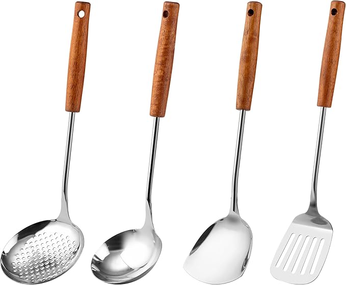 FJNATINH Stainless Steel Wok Tools Set,Wok Utensil - Wok Spatula,Turner,Ladle,Skimmer Tool Set,Mirror Polished Stainless Steel Cooking Utensils 14.6-15.2" Kitchen Utensils Cookware, Pack of 4-Ruum Studio Home
