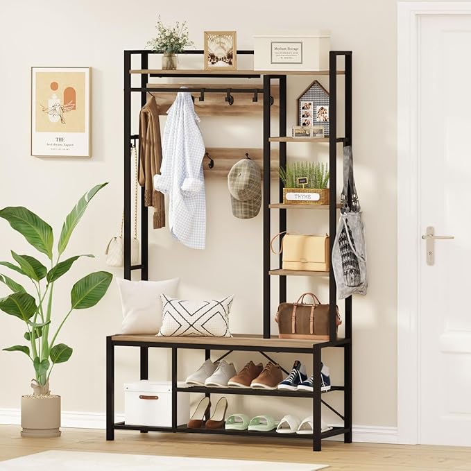 BON AUGURE Farmhouse Hall Tree for Entryway, Mudroom Bench with Shoe Storage, Large Coat Rack Shoe Bench with 5 Tier Open Shelves, Adjustable Side Hooks and Hanging Rod for Foyer (Vintage Oak)-Ruum Studio Home
