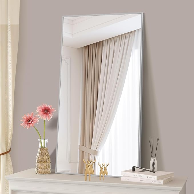 48x24In Silver Bathroom Mirror for Wall, Brushed Nickel Rectangle Mirrors with Metal Frame, Bathroom Rectangular Mirror Modern Wall Mirror for Bedroom Living Room, Hangs Horizontal or Vertical-Ruum Studio Home