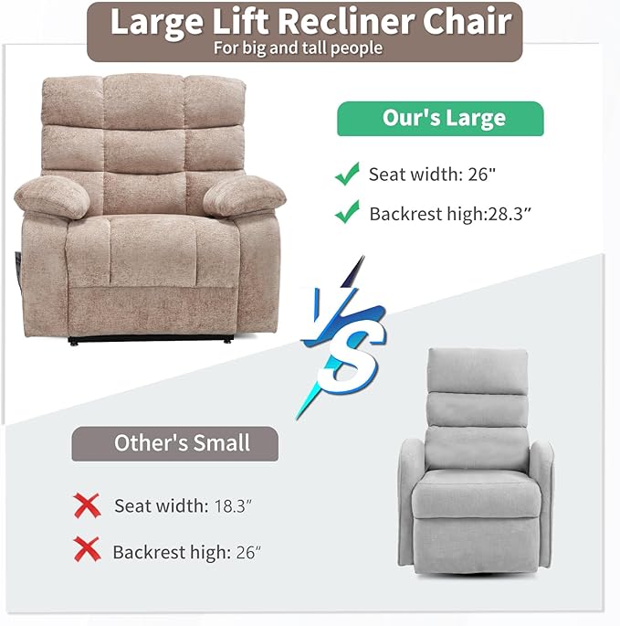 Lay Flat Recliner with Vibration Massage and Lumbar Heating, 26'' Wide Recliner Chair with Infinite Position and 2 Remote Controls, Soft Chenille Lift Recliner for Living Room, Khaki-Ruum Studio Home