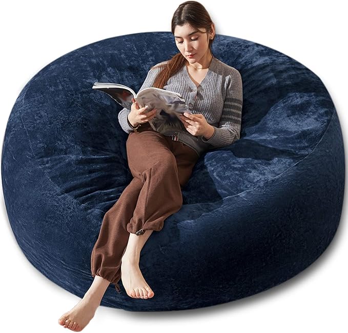 Bean Bag Chair 6Ft, Memory Foam Filled, Large Beanbag Chairs for Adults and Teens, Soft Sofa with Removable Flannel Cover, Round Couch for Living Room Bedroom College Dorm (Blue, 6FT-67×67"×24")-Ruum Studio Home