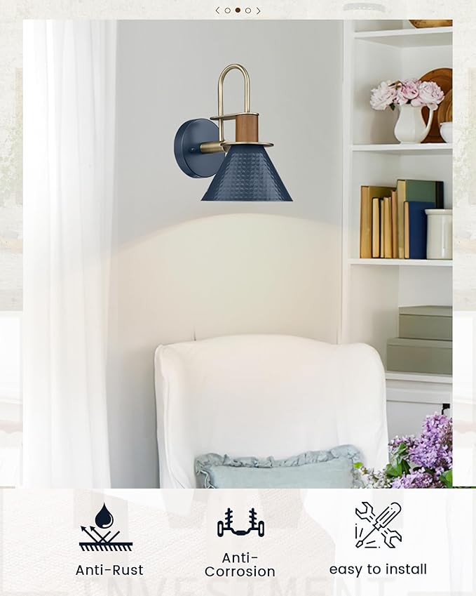 Modern Wall Sconces, HWH Industrial Sconce Wall Lighting Indoor Wall Lamp, Gooseneck 1-Light Barn Vanity Light for Kitchen Bedroom, Hammered Metal Shade, Navy Blue Finish, 5HZG74B-L BL+BG-Ruum Studio Home