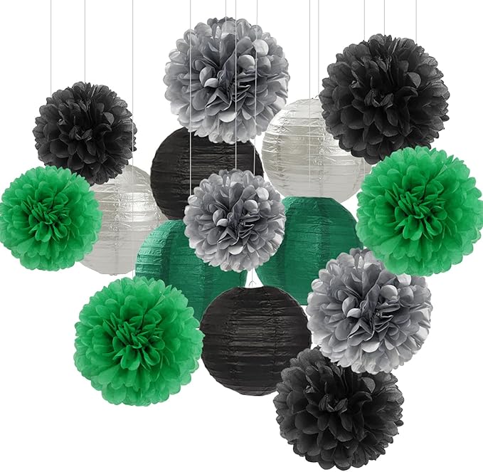 Green-Black Silver Party-Decorations Paper Flowers Lanterns - 15PCS Football Game Day Birthday Tissue Pom Poms Streamers, Bachelorette New Years Hanging Supplies Decor Hugfond-Ruum Studio Home