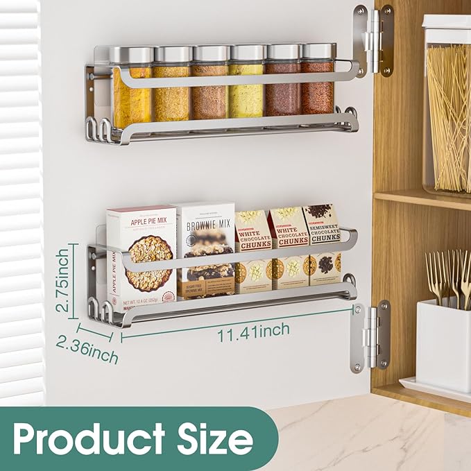 LUCYCAZ 4 Pack Wall Mounted Spice Rack with 16 Hooks, Spice Organizer Shelf for Stove Cabinet Pantry Door,Screw or Adhesive Spice Shelf Hanging Wall Spice Rack in Kitchen and RV (Silver, 4 PACK)-Ruum Studio Home