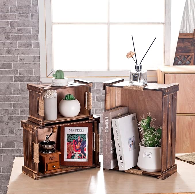 TIMRIS Set of 3 Rustic Wood Nesting Crates, Farmhouse Wooden Storage Container Boxes with Cutout Handles, Decorative Wooden Baskets for Display (Rustic Brown)-Ruum Studio Home