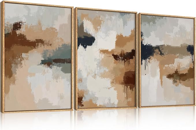 LHIUEM Large Abstract Brown Grey Framed Canvas Wall Art,Neutral Brush Stroke Pastel Wall Decor,Modern Color Block Wall Painting,Minimalist Artwork for Living Room,Bedroom,Dining Room,Office -16"x24"x3-Ruum Studio Home