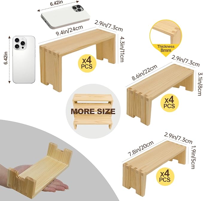 Display Wood Risers Wooden Stand 3 Tier 4 Set 12 Pieces Wooden Stands Decorative Rectangular Display Cupcake Stands Perfume Racks Cologne Organizer(Nature)-Ruum Studio Home
