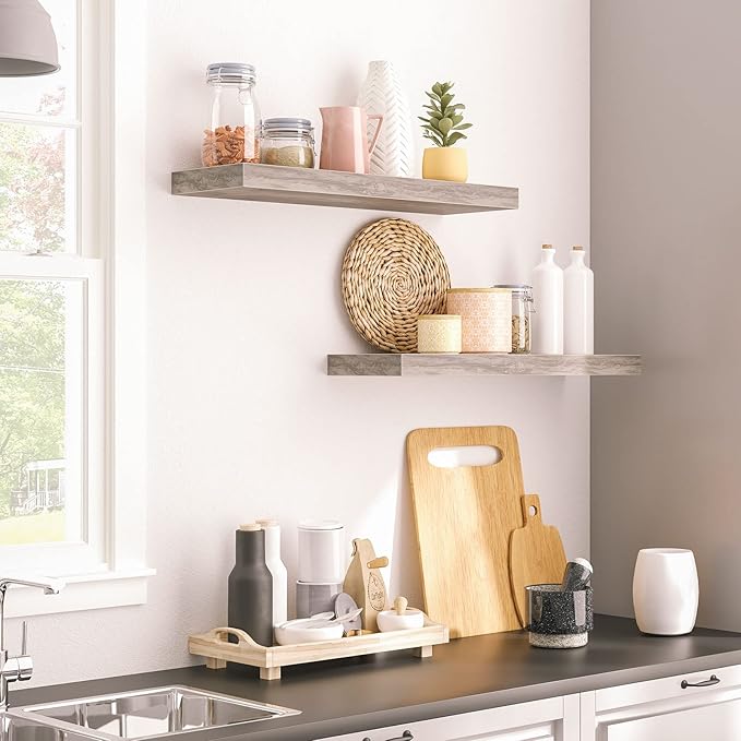 HOOBRO Floating Shelves, Wall Shelf Set of 2, 23.6 Inch Hanging Shelf with Invisible Brackets, for Wall Decor in Bathroom, Bedroom, Toilet, Kitchen, Living Room, Office, Greige BG60BJ01G1-Ruum Studio Home