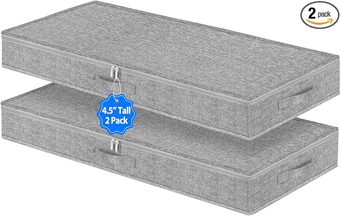 2 Pack Low Profile Under Bed Storage Containers 4.5 Inch Height, Shallow Underbed Couch Storage Organizer With Sturdy Sidewalls/Bottom, Thin Underbed Storage Bins For Clothes Dorm Dresser Sofa- Grey-Ruum Studio Home