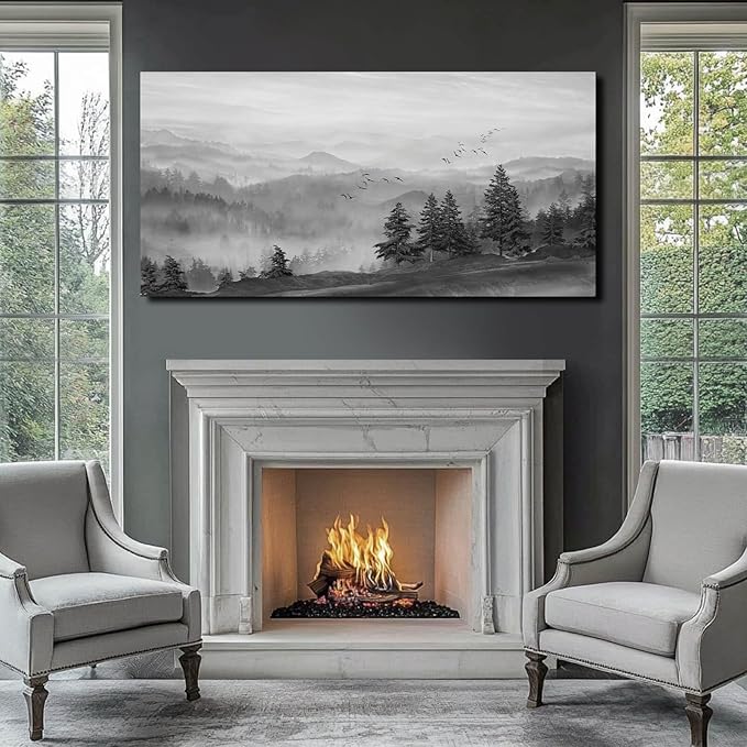 SOUGUAN Grey Wall Decor Foggy Mountain Wall Art Tree and Bird Pictures Artwork for Walls Living Room for Bedroom Kitchen Dining Room Home Office 30x60 Inch-Ruum Studio Home