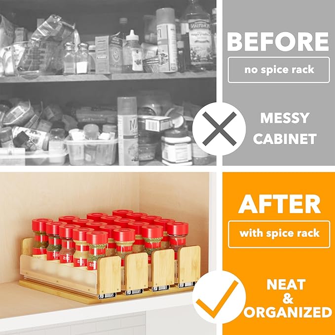 SpaceAid Bamboo Pull Out Spice Rack Organizer for Cabinet, Heavy Duty Slide Out Seasoning Kitchen Pantry Sliding Vertical Organization, 10.1" Wide, 4 Drawers(2" Wide), 1-Tier, Natural-Ruum Studio Home