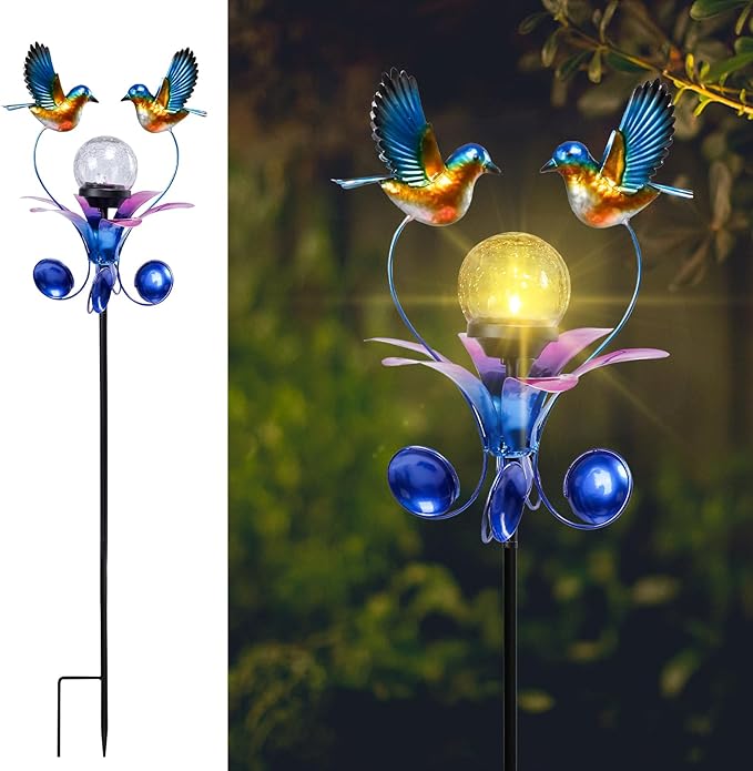 VCUTEKA Solar Lights Outdoor Metal Garden Stake Waterproof Crackle Glass Globe Garden Decor Blue Jay Bird for Pathway, Lawn, Patio, Yard-Ruum Studio Home