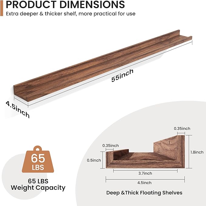 Fun Memories Picture Ledge Shelves Set of 2, 55 Inch Rustic Wall Mounted Floating Shelves with Lip for Home Storage and Décor in Bathroom, Kitchen, Nursery, Bedroom, Living Room, Walnut-Ruum Studio Home