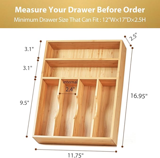 Umilife Kitchen Drawer Organizer, 12 Inch Silverware Utensil Tray Holder, Extra Deep, with Non-Slip Feet & Grooved Drawer Divider, 6 Slots Total Bamboo Wood Caddy for Flatware Cutlery Knives-Ruum Studio Home
