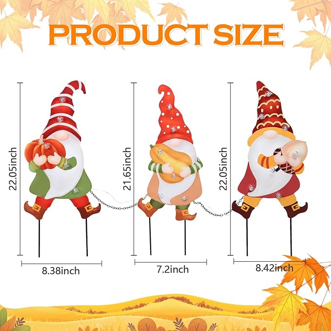 WONDER GARDEN 3 PCS Fall Yard Sign Metal Gnomes Decorative Garden Stakes with Led Lights Autumn Harvest Pumpkin Thanksgiving Garden Lawn Porch Patio Decorations Outdoor-Ruum Studio Home