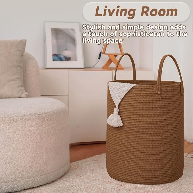 Large Woven Laundry Basket Hamper,100L Cotton Rope Storage Bin for Blankets,Toys and Clothes,Decorative Tall Nursery Hamper for Living Room,Baby Nursery,Bathroom and Bedroom,Golden Jute-Ruum Studio Home
