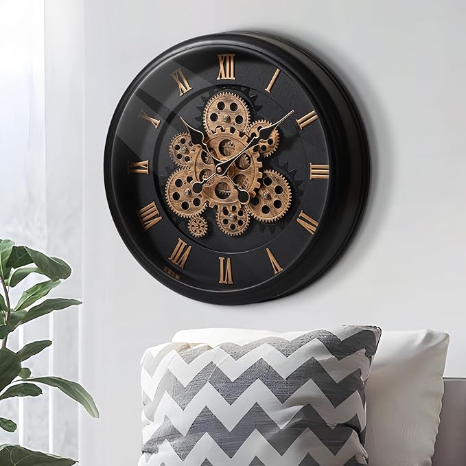 Maxstar Large Moving Gear Wall Clock,16" Vintage Mechanical Battery Operated Industrial Wall Clocks for Farmhouse Living Room,Home Office, Dinning Room, Kitchen, Steampunk Decor-Black,Roman Numeral-Ruum Studio Home
