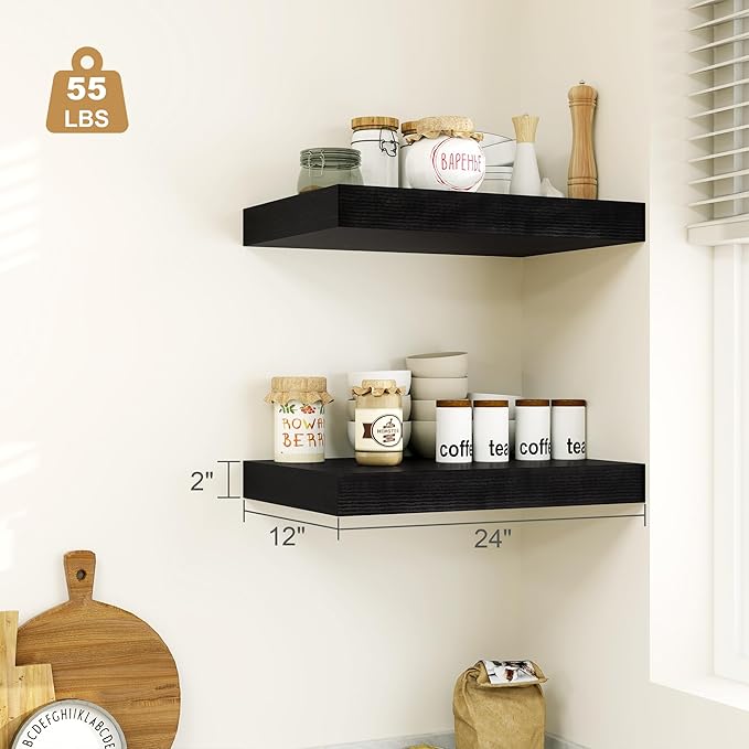 Heimlove Black Bathroom 12'' Deep Floating Shelves for Wall - Shelf Over Toilet Wall Mounted Farmhouse 24 inches,Rustic Wood Shelves Decor & Storage,Set of 1-Ruum Studio Home