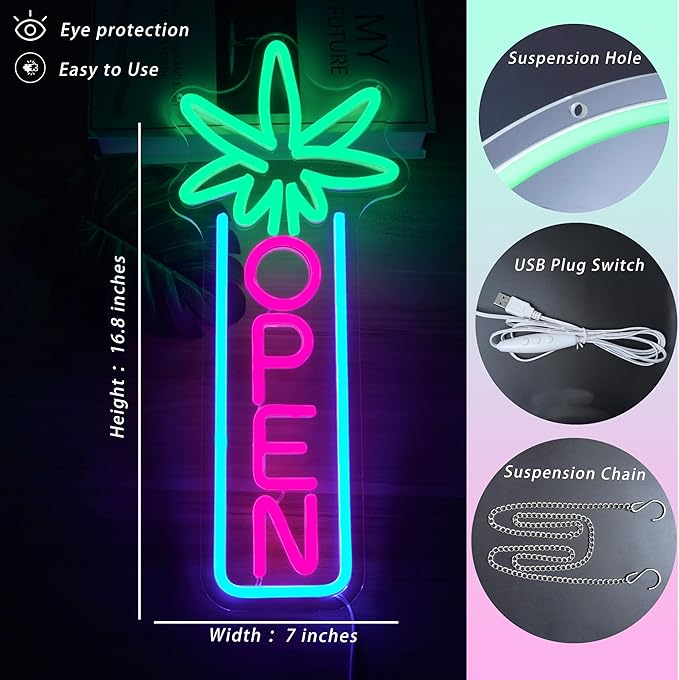 Green Leaf Neon Sign Dimmable Open Neon Lights for Wall Decor LED Neon Sign by USB Powered LED Neon Open Sign For Dispensary Beer Bar Man Cave Coffee Store Hotel Wall Party Decorations 16.8''x7''-Ruum Studio Home